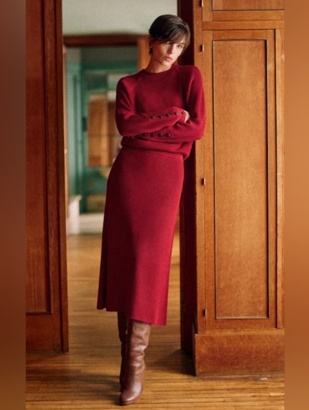 Sezane Naelle Midi Skirt, Merino Wool, Deep Red, Size S, NWT